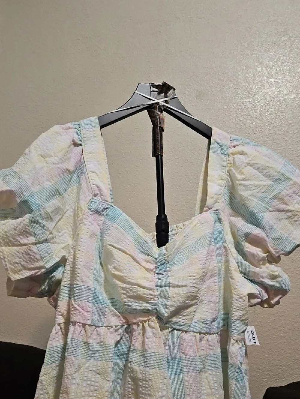 Old Navy Pastel Plaid Puff-Sleeve Peplum Top - Cream, Mint, Pink, Yellow